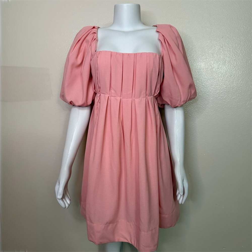 Pink square neckline puff sleeve pleated bust babydoll mini dress